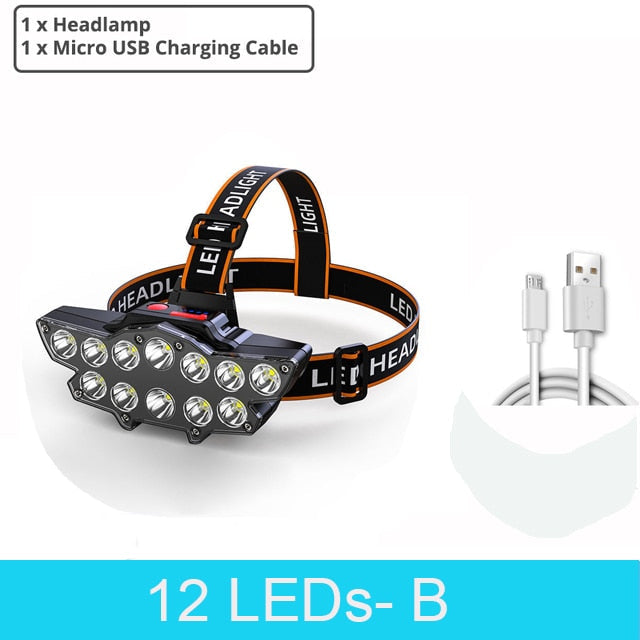 12 LED Rechargeable Headlamp - Super Bright, Waterproof for Fishing, Camping, Hiking, Outdoor Activities