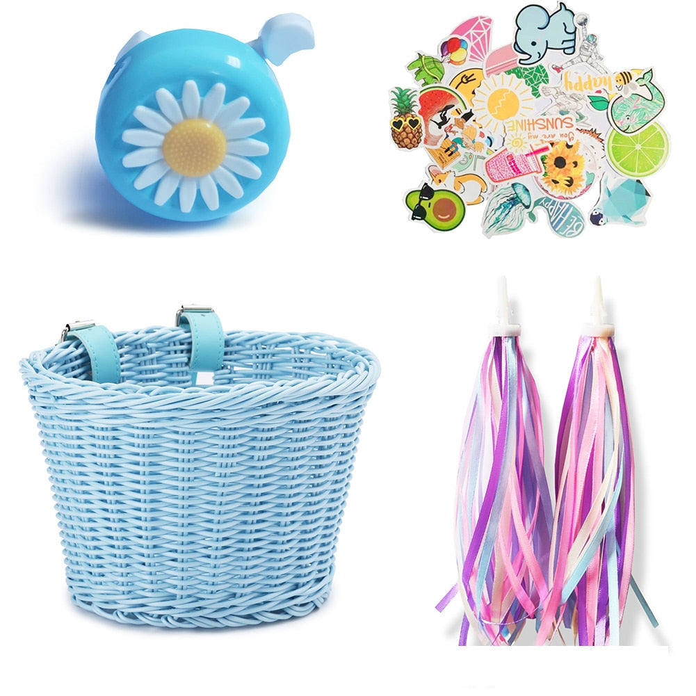 4pcs Kids Bike Basket Set: Handmade Wicker Basket, Bell, Stickers, Tassels Streamers for Child's Bicycle