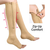 Zipper Compression Socks for Women & Men - Open Toe, Knee High, Calf Support for Circulation, Walking, Running, Medical Use