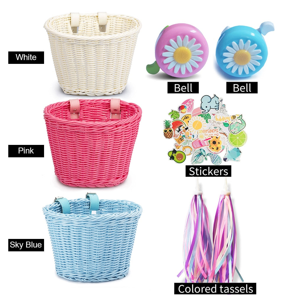 4pcs Kids Bike Basket Set: Handmade Wicker Basket, Bell, Stickers, Tassels Streamers for Child's Bicycle