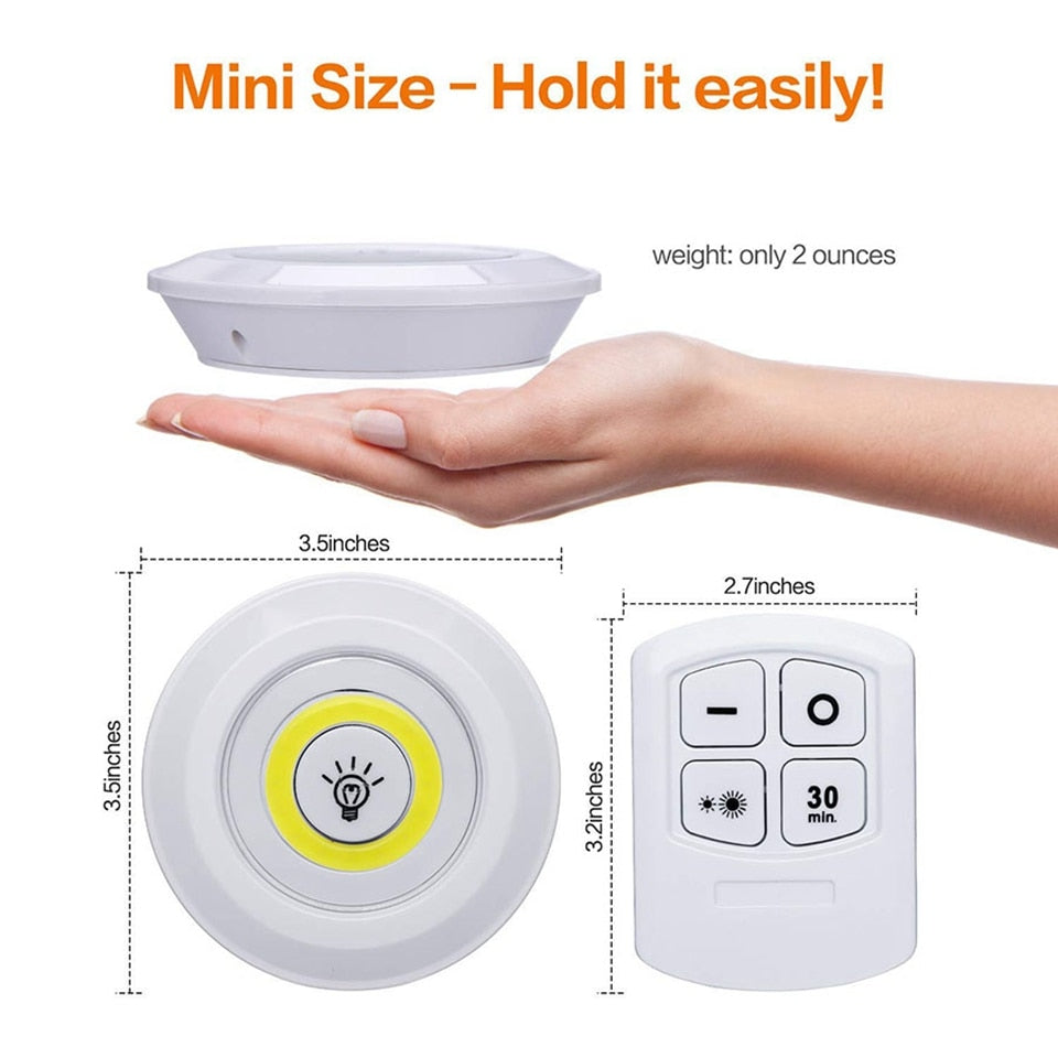 Super Bright 3W COB LED Under Cabinet Light with Wireless Remote, Dimmable for Wardrobe, Bedroom, Closet, Kitchen