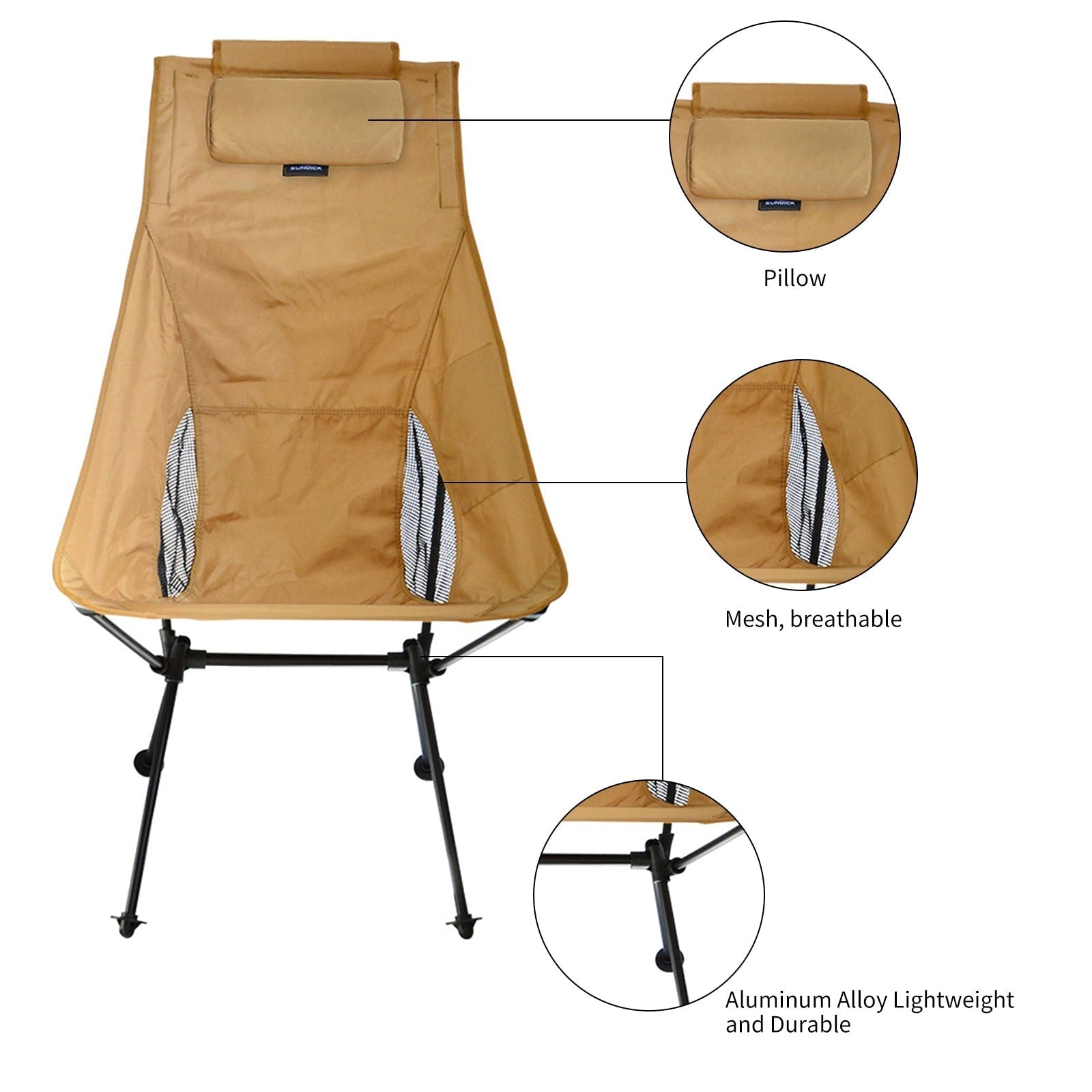 Portable High Back Folding Camping Chair with Pillow - Waterproof, Collapsible, Back Support for Travel, Picnic, Fishing