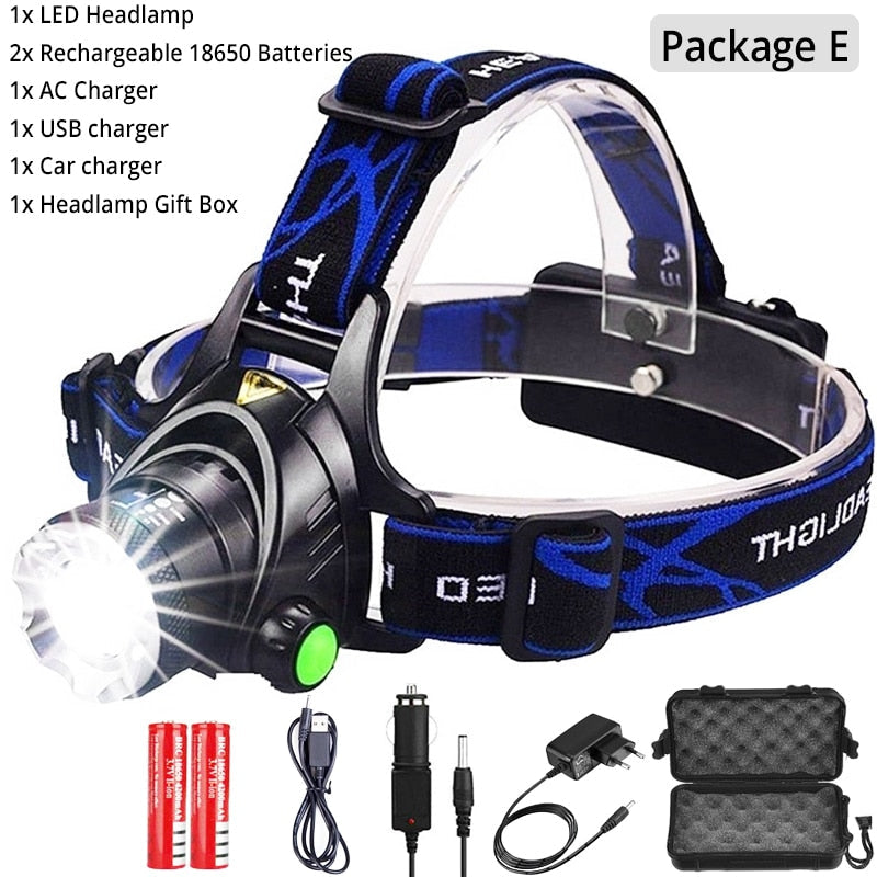 Powerful Waterproof LED Headlamp with USB Charging, 18650 Battery, Zoomable for Camping