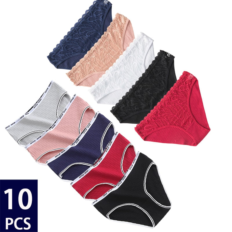 10Pcs Women's Cotton Panties Set - Sexy Floral Lace Underwear, Solid Color Lingerie, Comfortable Intimates for Ladies