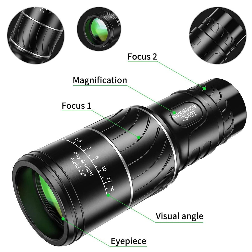 Powerful 16x52 HD Monocular Telescope - Long Range Spotting Scope with Super Zoom for Camping and Fishing