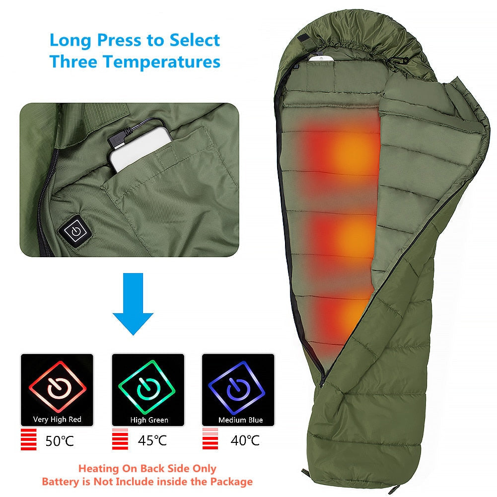 Waterproof Ultralight Heated Winter Sleeping Bag for Adults - Outdoor Camping Gear with Heating Pad