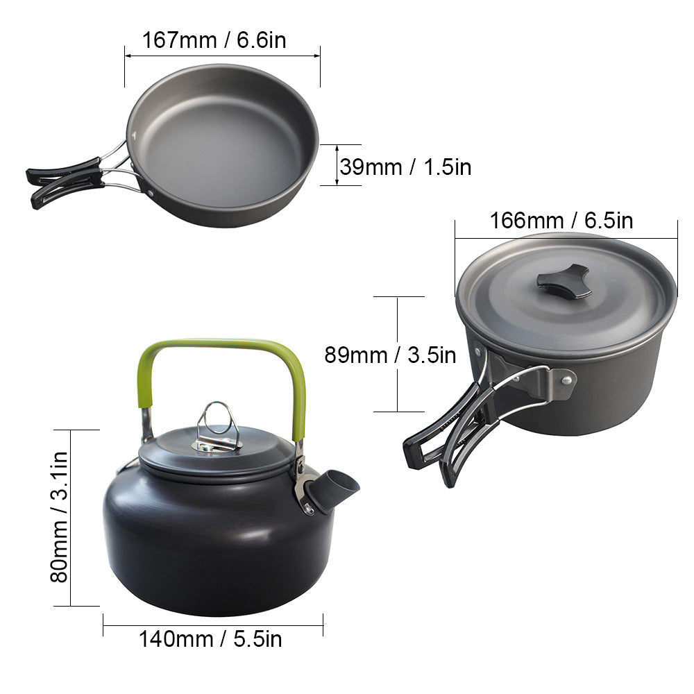 Ultra-light Aluminum Camping Cookware Set: Teapot, Kettle, Frying Pan - 3pcs for Outdoor Cooking & Picnics