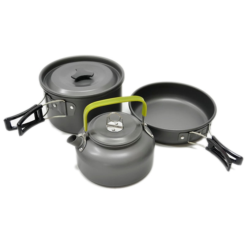 Ultraleichtes Camping-Kochgeschirr-Set aus Aluminium: Teekanne, Wasserkocher, Bratpfanne – 3-teilig für Kochen im Freien und Picknicks