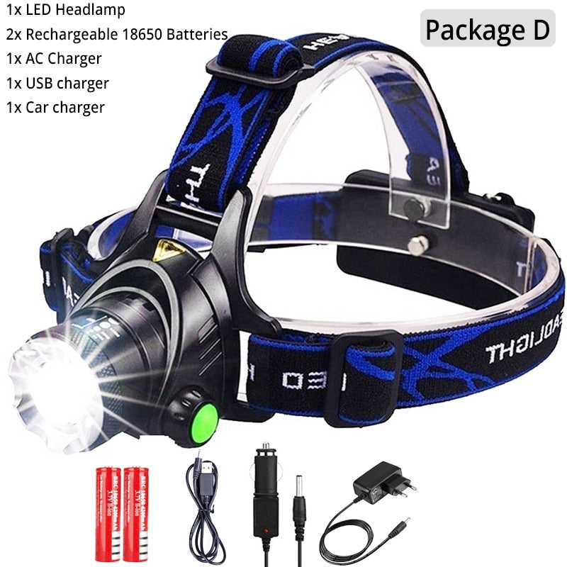 Powerful Waterproof LED Headlamp with USB Charging, 18650 Battery, Zoomable for Camping