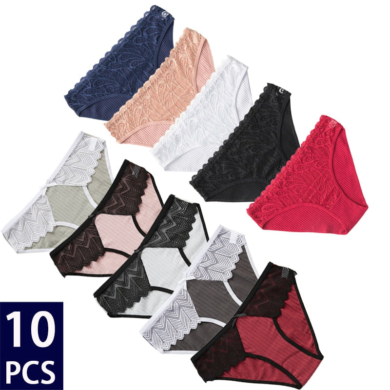 10Pcs Women's Cotton Panties Set - Sexy Floral Lace Underwear, Solid Color Lingerie, Comfortable Intimates for Ladies