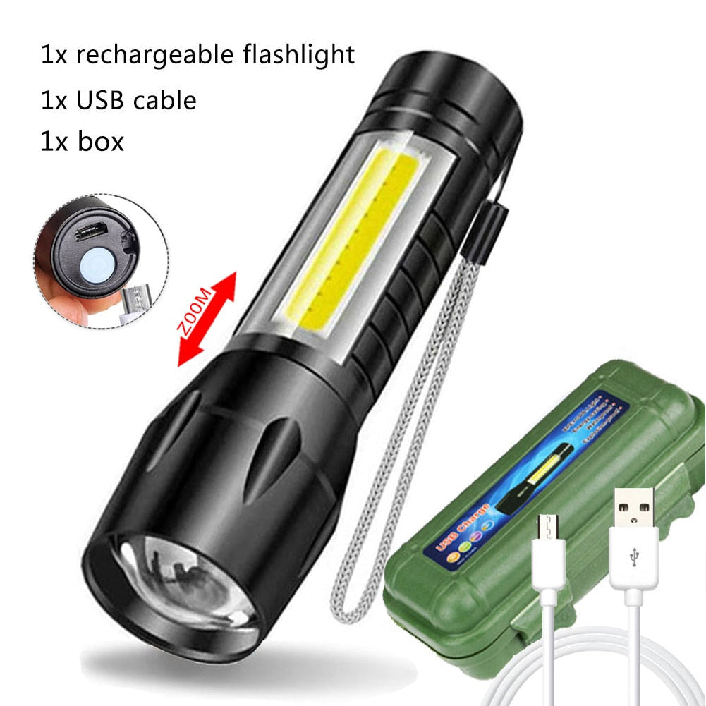 Portable Rechargeable Zoom LED Flashlight Torch with 3 Lighting Modes - Mini Camping Lantern Light