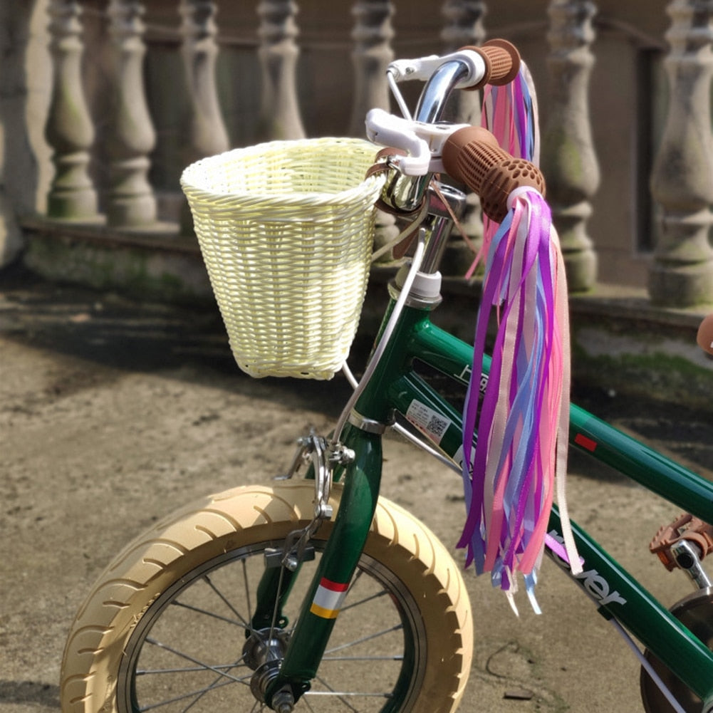 4pcs Kids Bike Basket Set: Handmade Wicker Basket, Bell, Stickers, Tassels Streamers for Child's Bicycle