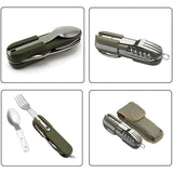 Portable Stainless Steel Travel Kit: Army Green Folding Camping Cutlery Set with Knife, Fork, Spoon, and Bottle Opener