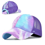 Women's Tie Dye Ponytail Baseball Cap - Mesh Snapback, Adjustable Sunhat for Camping, Beach, Outdoor Sports