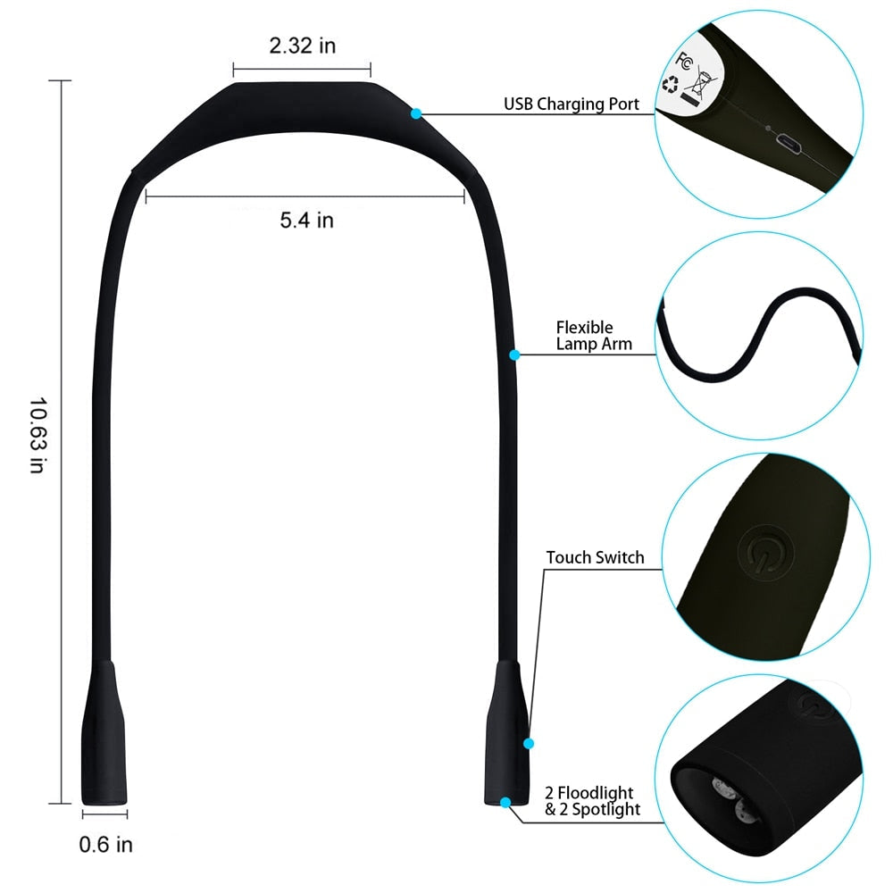 Rechargeable LED Neck Lamp - Lightweight Reading, Camping, BBQ, USB Booklight & Night Flashlight