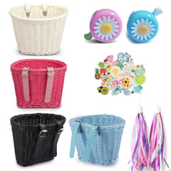 4pcs Kids Bike Basket Set: Handmade Wicker Basket, Bell, Stickers, Tassels Streamers for Child's Bicycle