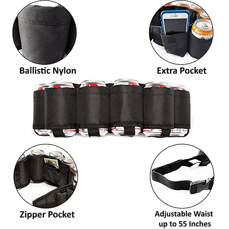 Insulated Beer Belt Holder for 6 Cans with Adjustable Strap, Buckle, and Hidden Pocket - Perfect for Parties