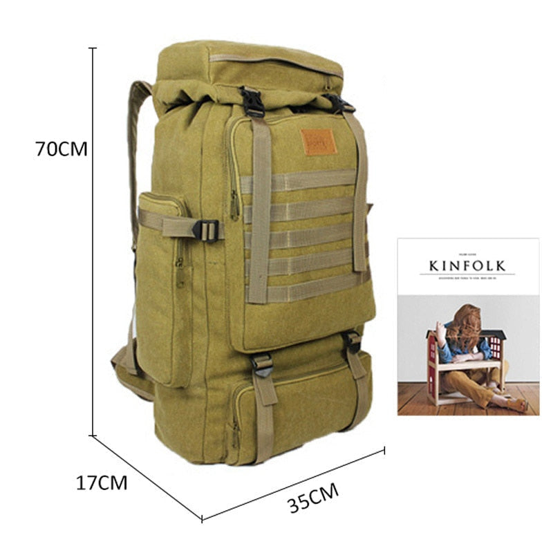 60L Large Military Canvas Backpack - Tactical Camping Hiking Rucksack, Army Travel Molle Bag for Men Outdoor