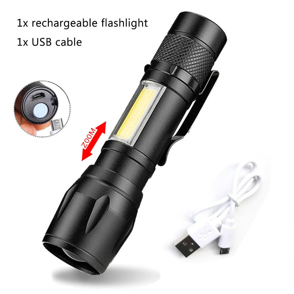 Portable Rechargeable Zoom LED Flashlight Torch with 3 Lighting Modes - Mini Camping Lantern Light