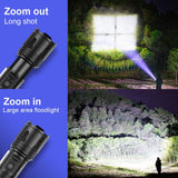 Powerful XHP90 LED Flashlight - High Power, Rechargeable, Tactical, USB, 18650 Battery, Ideal for Camping