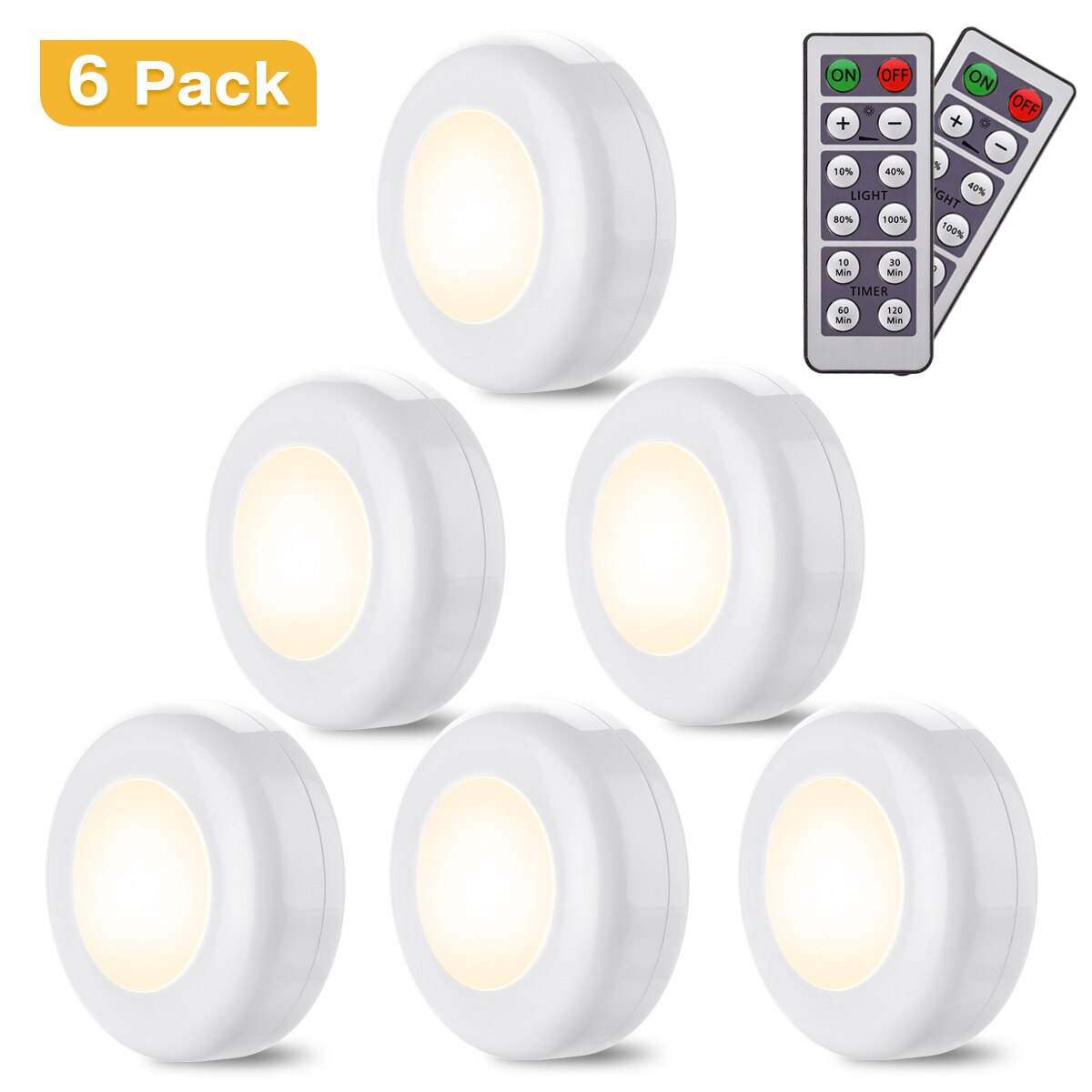 6pcs LED Cabinet Lights with 2 Remote Controllers, 4000K Night Lights for Kitchen, Closet, Bedroom, Corridor