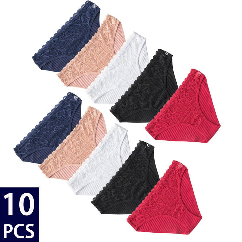 10Pcs Women's Cotton Panties Set - Sexy Floral Lace Underwear, Solid Color Lingerie, Comfortable Intimates for Ladies