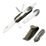 Portable Stainless Steel Travel Kit: Army Green Folding Camping Cutlery Set with Knife, Fork, Spoon, and Bottle Opener