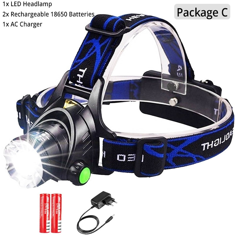 Powerful Waterproof LED Headlamp with USB Charging, 18650 Battery, Zoomable for Camping