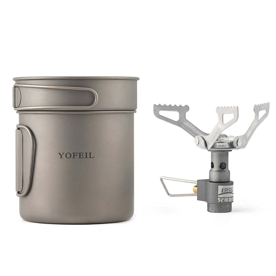Camping Titanium Pot & BRS3000 Gas Stove Set - Lightweight Tableware for Hiking, Picnic, and Outdoor Cooking