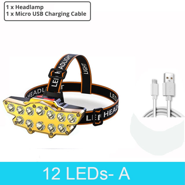 12 LED Rechargeable Headlamp - Super Bright, Waterproof for Fishing, Camping, Hiking, Outdoor Activities