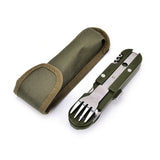 Portable Stainless Steel Travel Kit: Army Green Folding Camping Cutlery Set with Knife, Fork, Spoon, and Bottle Opener