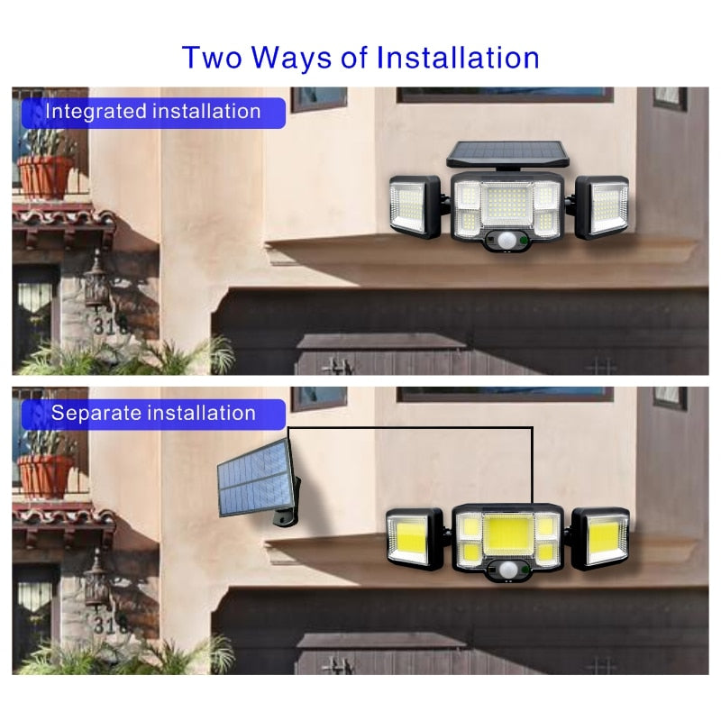 Outdoor LED Solar Lights, 192 COB, 3-Head Motion Sensor, Waterproof, 3 Modes, Remote Control, Wall Lamp for Patio/Garden