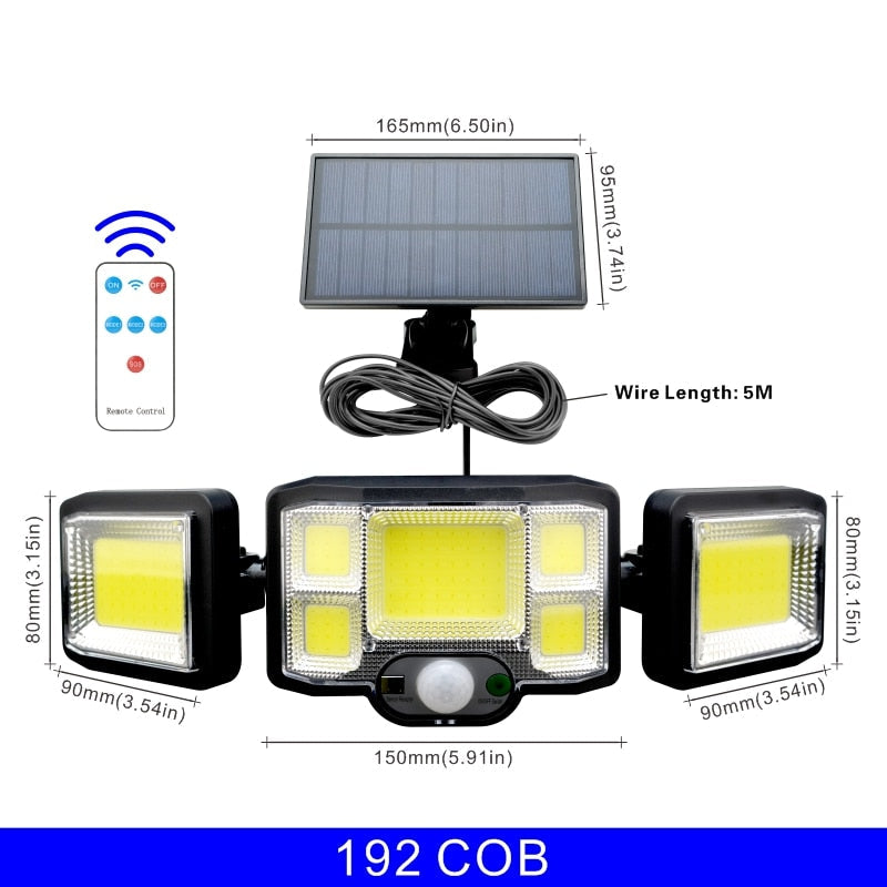 Outdoor LED Solar Lights, 192 COB, 3-Head Motion Sensor, Waterproof, 3 Modes, Remote Control, Wall Lamp for Patio/Garden