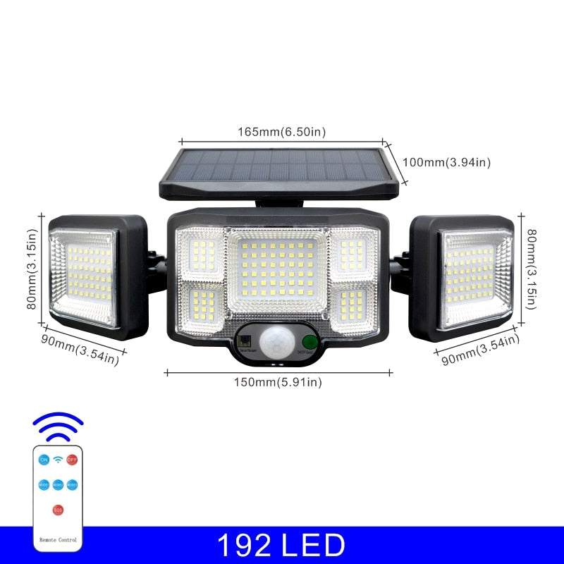 Outdoor LED Solar Lights, 192 COB, 3-Head Motion Sensor, Waterproof, 3 Modes, Remote Control, Wall Lamp for Patio/Garden