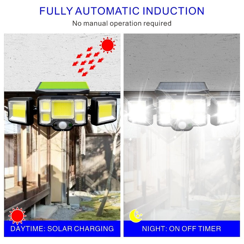 Outdoor LED Solar Lights, 192 COB, 3-Head Motion Sensor, Waterproof, 3 Modes, Remote Control, Wall Lamp for Patio/Garden