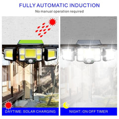 Outdoor LED Solar Lights, 192 COB, 3-Head Motion Sensor, Waterproof, 3 Modes, Remote Control, Wall Lamp for Patio/Garden