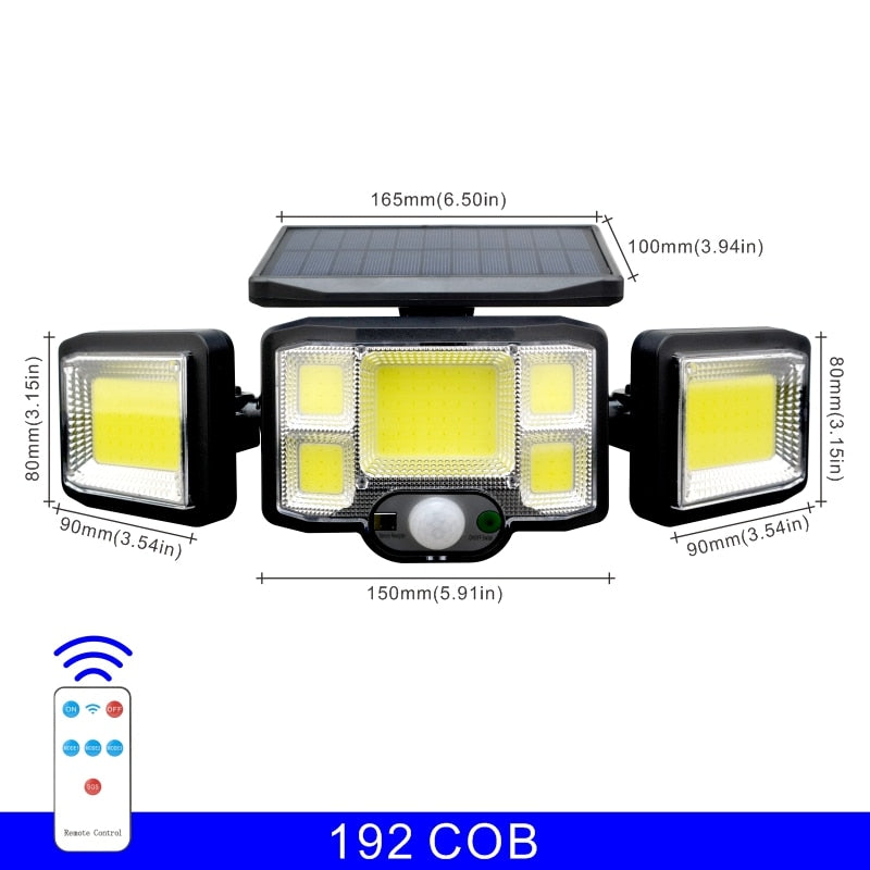 Outdoor LED Solar Lights, 192 COB, 3-Head Motion Sensor, Waterproof, 3 Modes, Remote Control, Wall Lamp for Patio/Garden