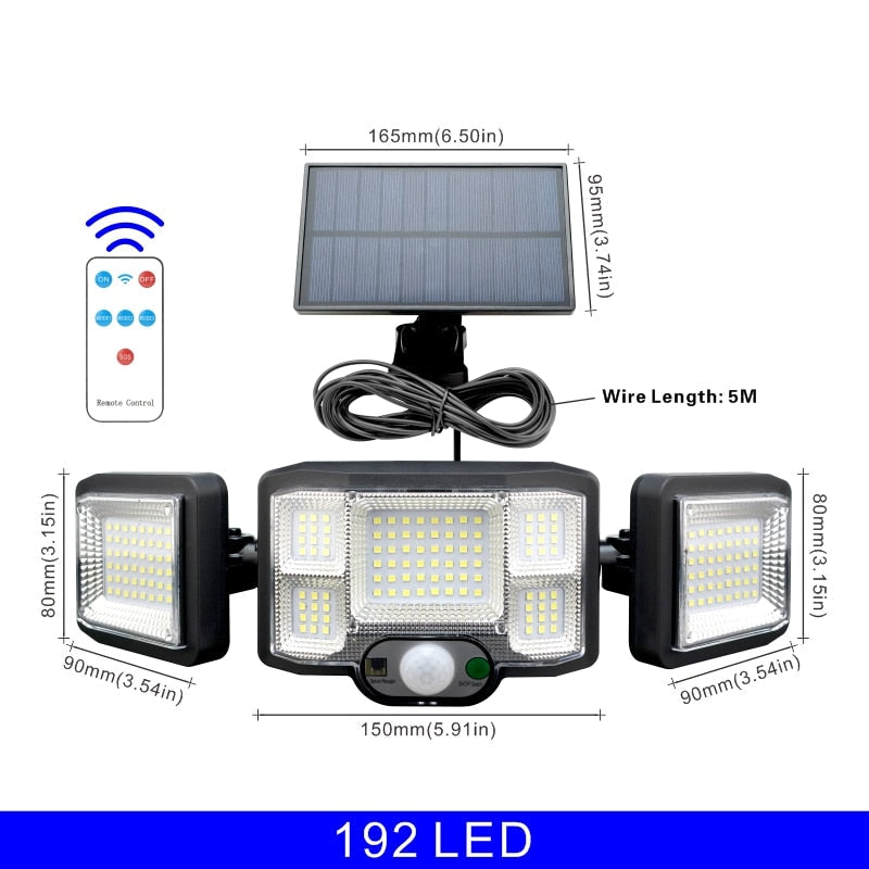 Outdoor LED Solar Lights, 192 COB, 3-Head Motion Sensor, Waterproof, 3 Modes, Remote Control, Wall Lamp for Patio/Garden