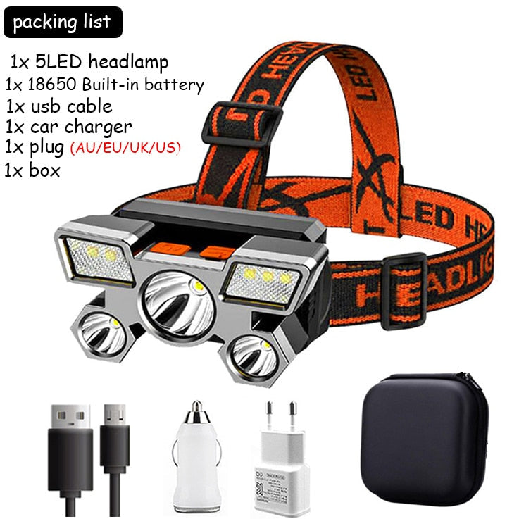 5LED USB Rechargeable Flashlight Lantern with Built-in 18650 Battery - Portable Headlamp for Outdoor Camping