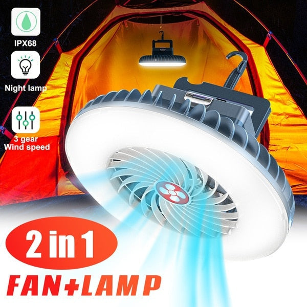 2-in-1 LED Waterproof Tent Fan & Rechargeable Camping Lamp - Portable USB Charging Light for Hiking