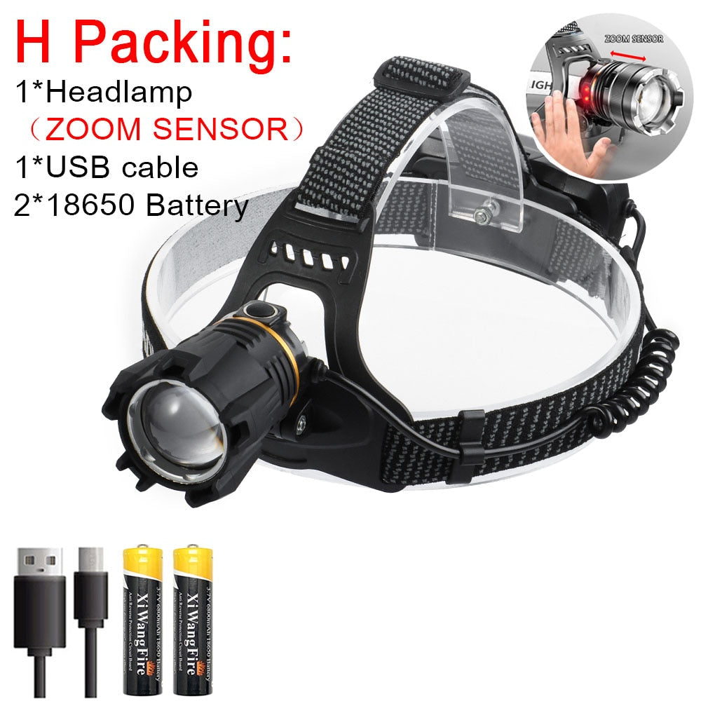 High Power ZOOM Sensor Headlamp XHP50 Super Bright USB Rechargeable Outdoor Flashlight for Fishing
