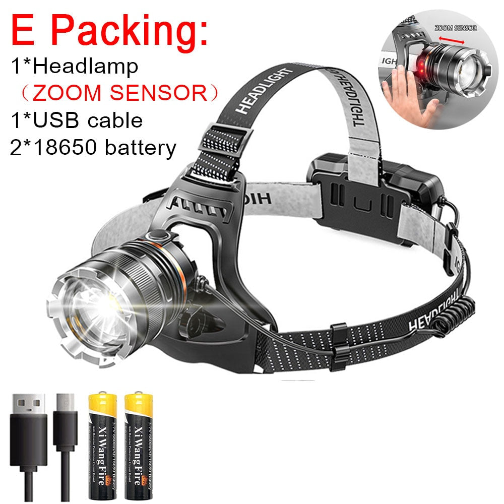High Power ZOOM Sensor Headlamp XHP50 Super Bright USB Rechargeable Outdoor Flashlight for Fishing