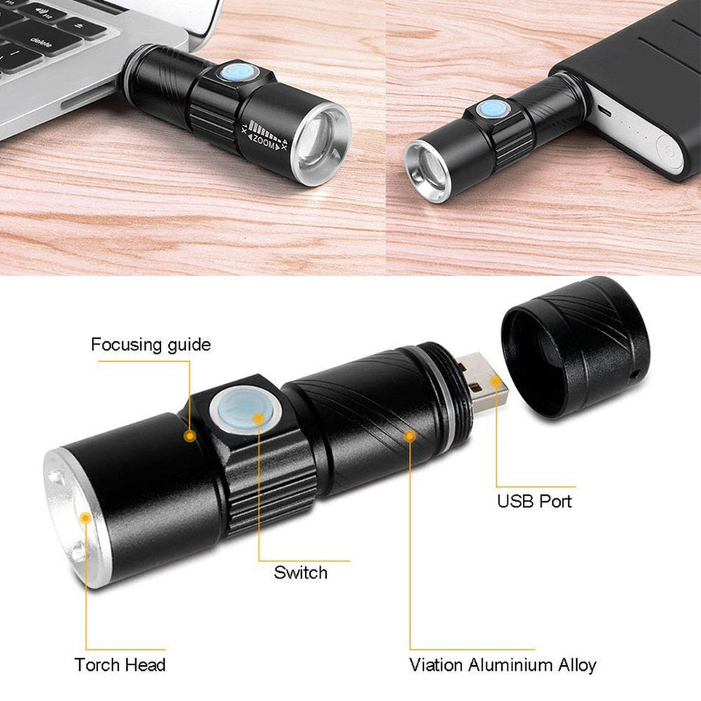 Rechargeable USB Flashlight Q5 - 3 Modes, Mini Zoom, Waterproof, Built-in Battery, Tactical Camping & Bike Torch