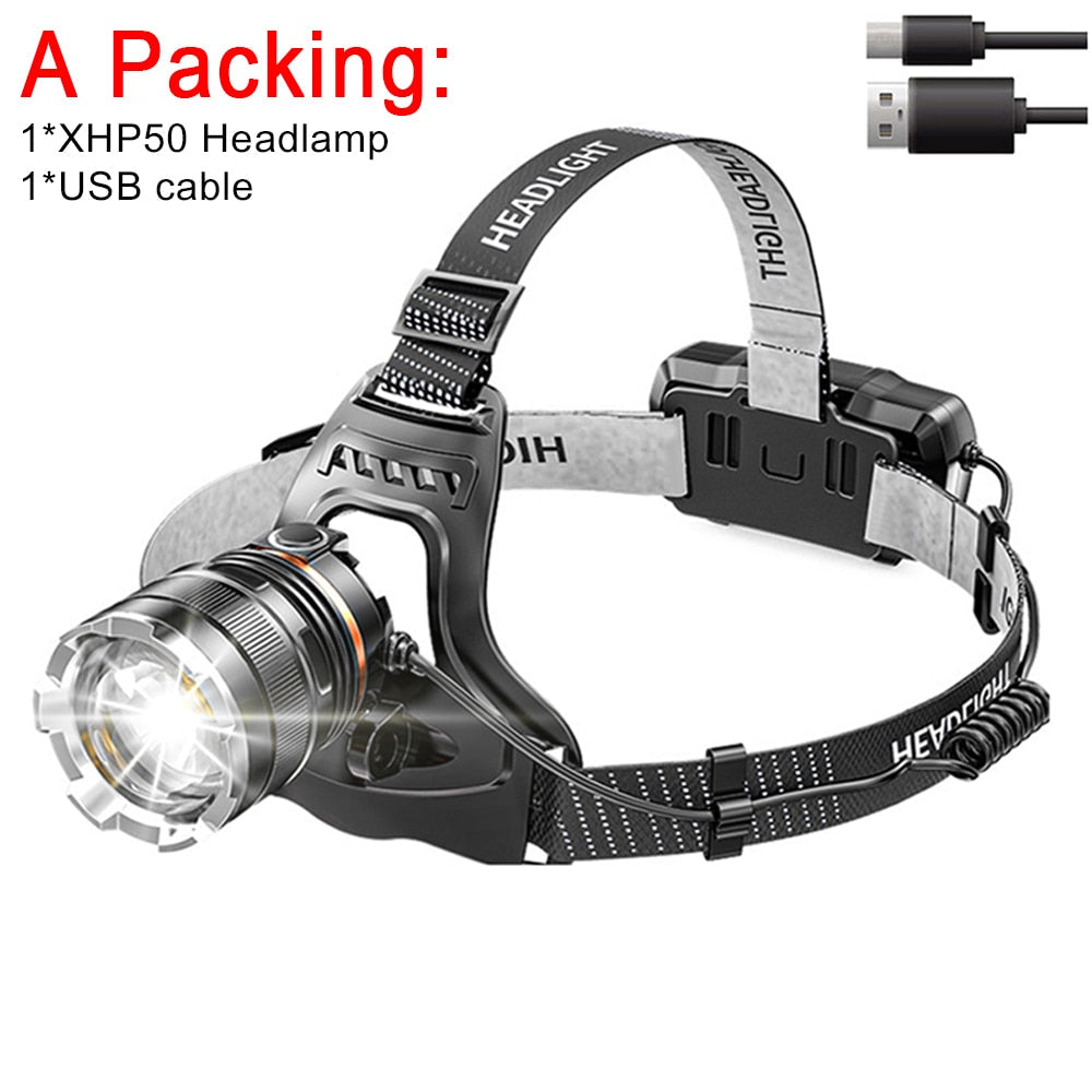 High Power ZOOM Sensor Headlamp XHP50 Super Bright USB Rechargeable Outdoor Flashlight for Fishing