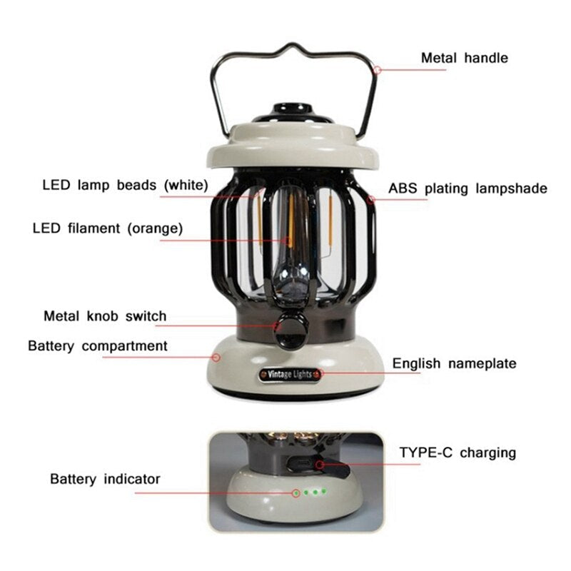 Portable LED Retro Camping Lamp - USB Rechargeable, Ideal for Tents and Night Atmosphere