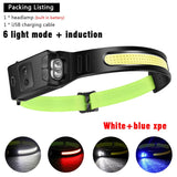 COB LED Induction Headlamp 1200mAh USB Rechargeable Hunting Flashlight with 6 Modes - Work Light Torch