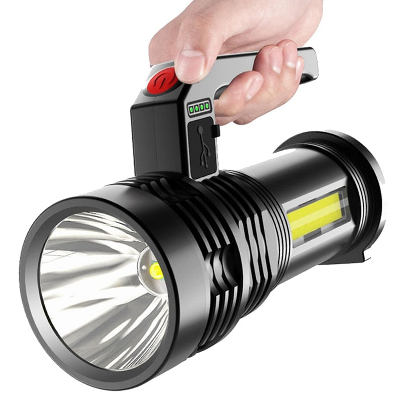 Multi-Mode USB LED+COB Outdoor Flashlight with Side Light for Camping, Hiking, and Fishing