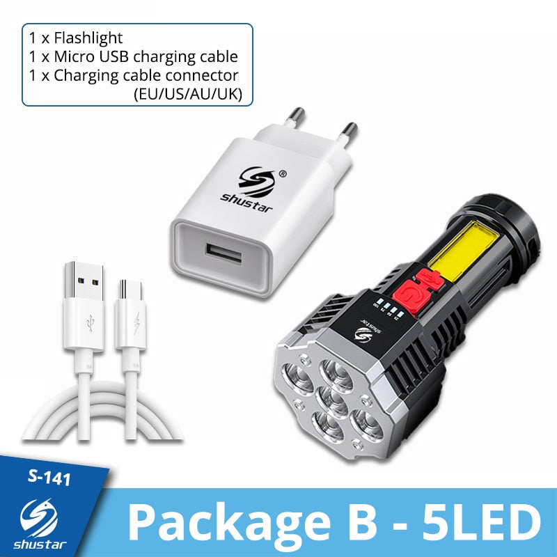 High Power 7LED Rechargeable Flashlight - Lightweight, COB Side Light, ABS Material, Outdoor Torch