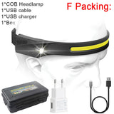 COB LED Headlamp with Sensor, USB Rechargeable, Built-in Battery, 5 Lighting Modes, Work Light Flashlight