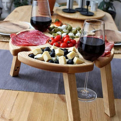 Wooden Outdoor Folding Picnic Table with Wine Glass Holder - Round Collapsible Desk for Camping and Parties